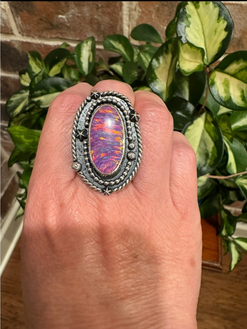 Blue and Blue Artisan Sterling Silver Pink Aura Opal Cosmos Star Statement Ring